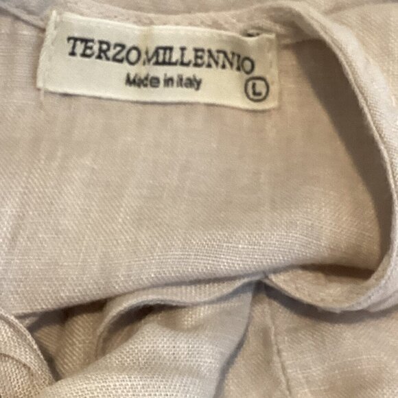 Terzo Mellennio Italian Linen Shift Sun Dress Back Tie Ruffle Hem L Beige #267K - Picture 7 of 9
